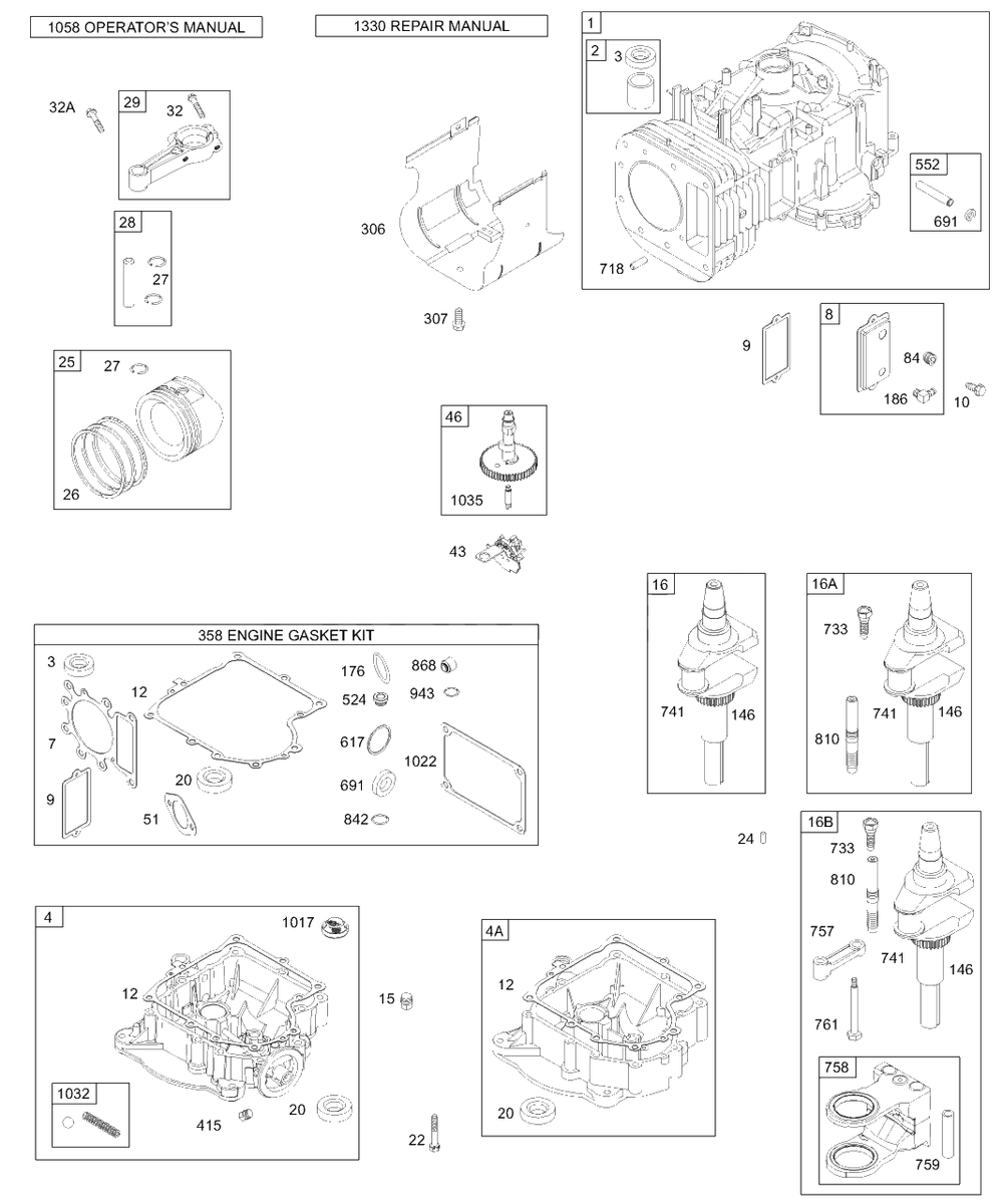 Crankshaft, Sump, Engine Gaskets, Cylinder, Piston/Rings, Camshaft Diagram and Parts List for 28W707-0122-XX  Briggs and Stratton Engine